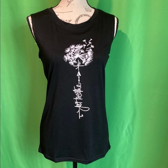 Tops - Black Sleeveless Top with Just Breathe Dandelion Print
